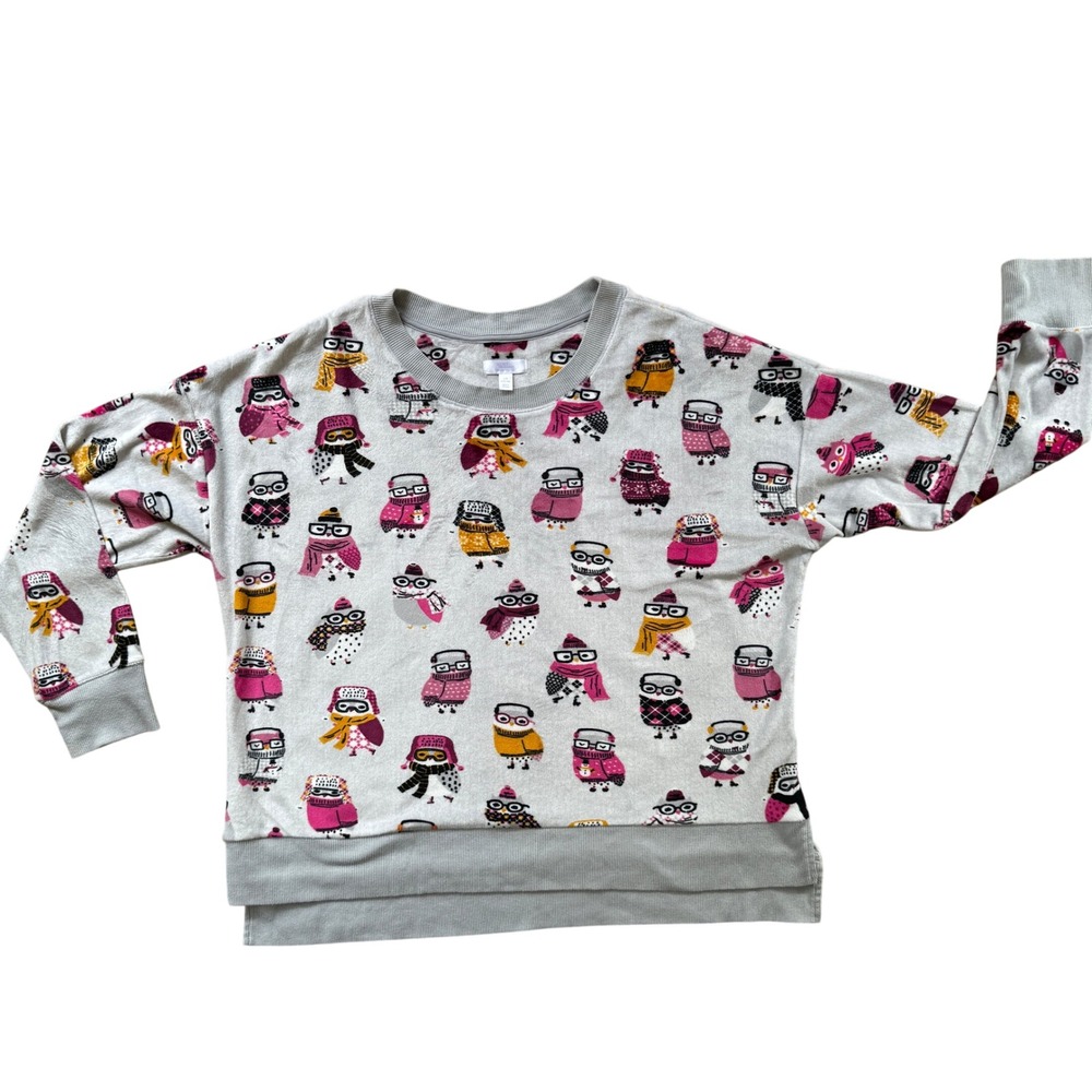 Secret Treasures Owl‎ Pajama Top Women L Grey Good Fleece Long Sleeve ST40610TA